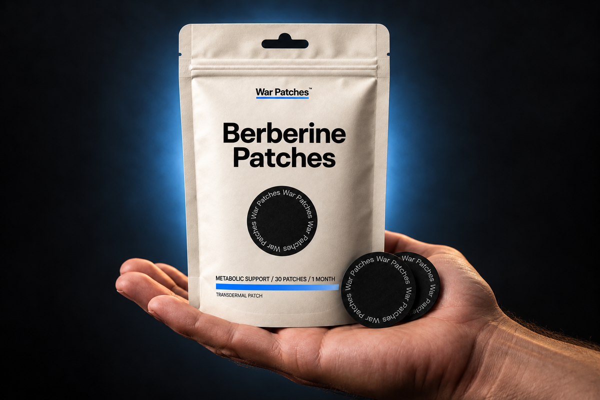 War Patches Berberine pouch and black patches resting on a hand against a blue-lit background