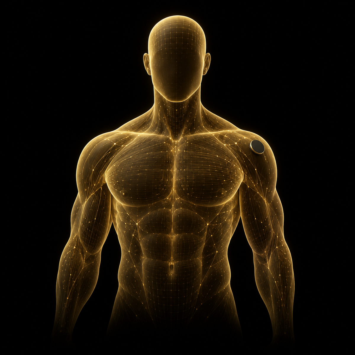 Gold wireframe figure wearing a black patch