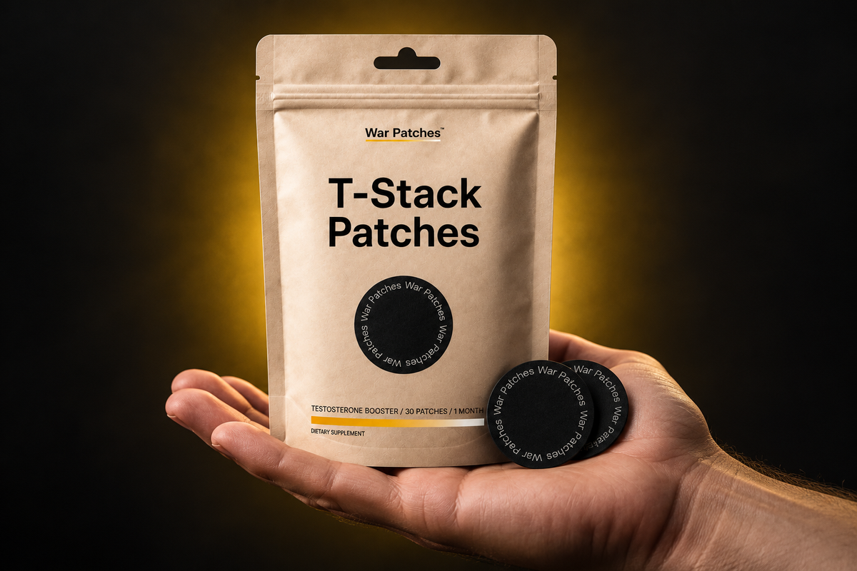 War Patches T-Stack pouch and patches resting on a hand in golden light
