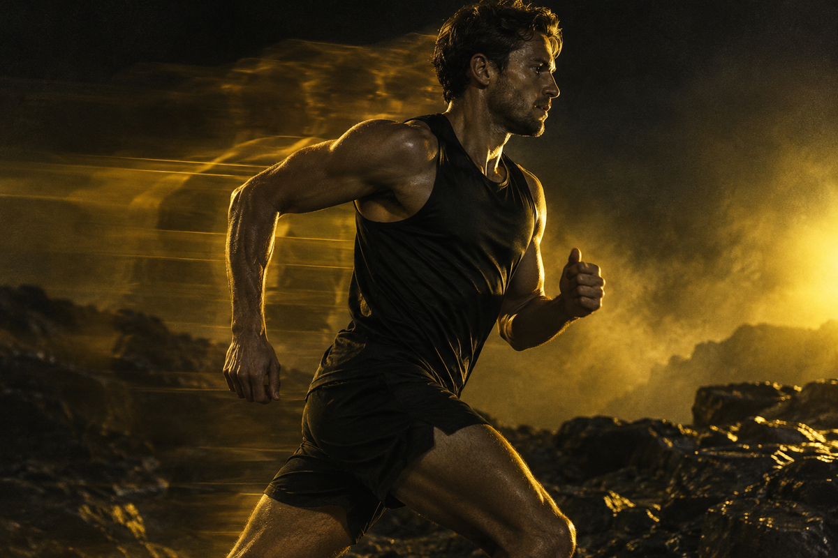Athlete running in motion, lit in War Patches gold