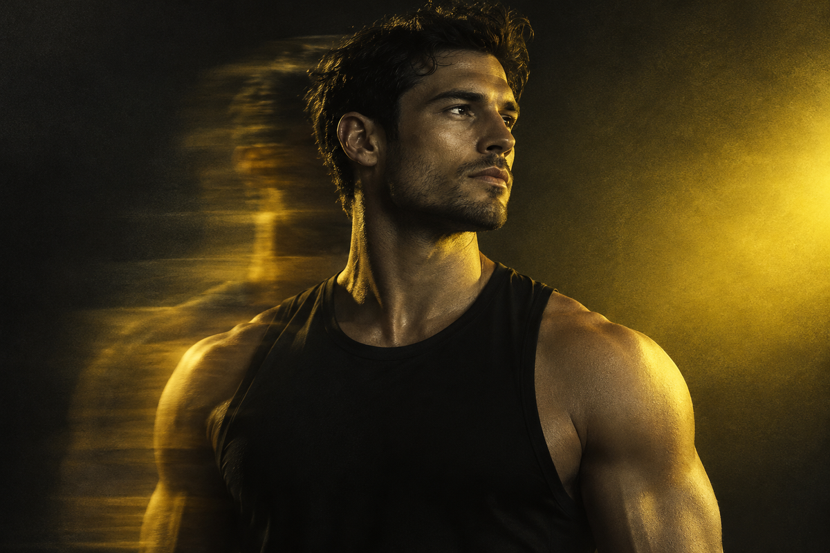 Focused athlete portrait in black and War Patches gold