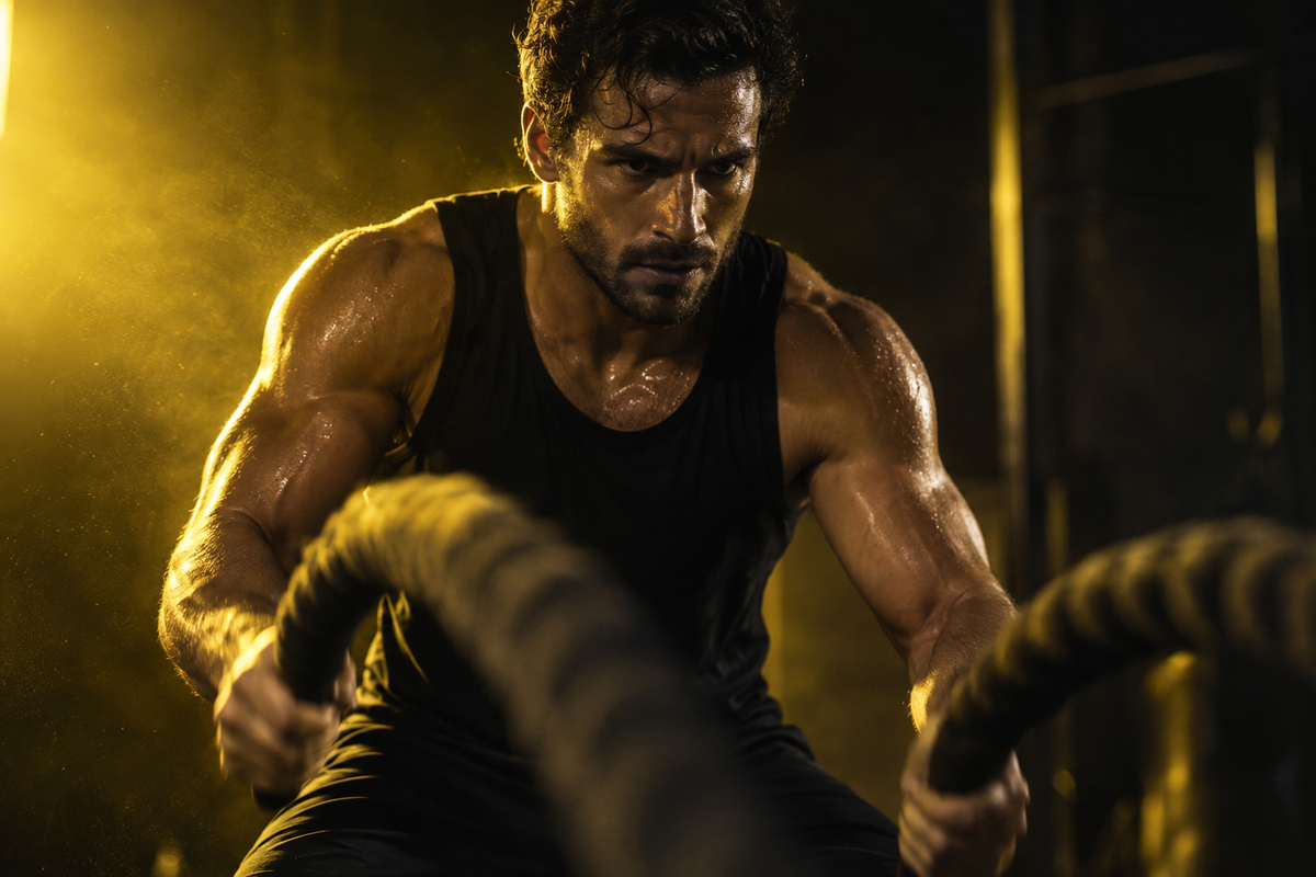 Athlete training with battle ropes in golden light