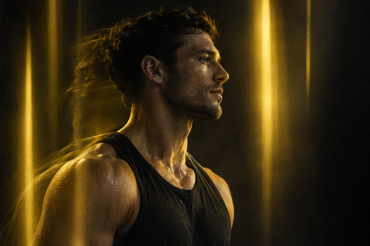 Calm athlete portrait after training with golden light