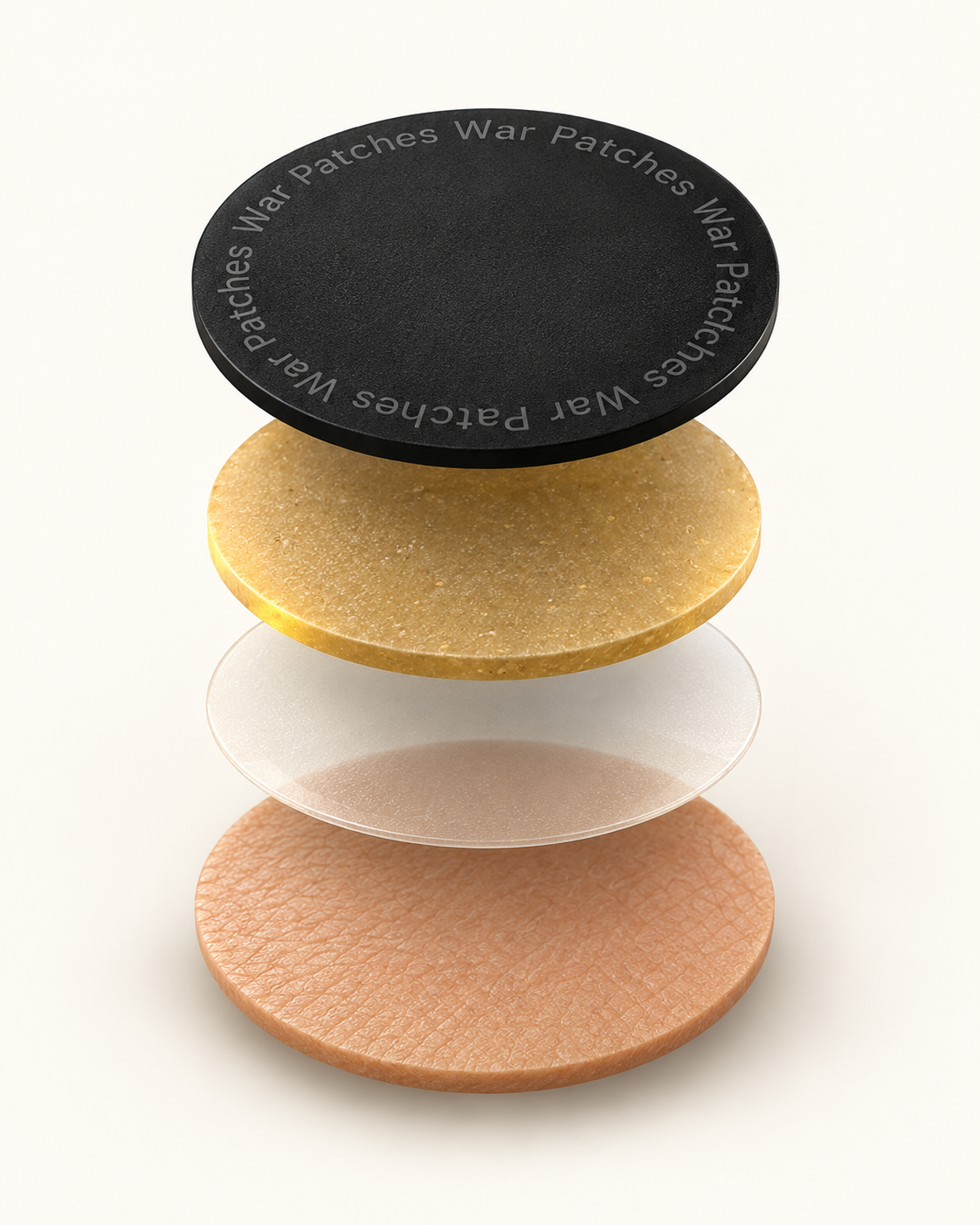 Illustration showing the protective, formula and contact layers of a War Patches patch above the skin